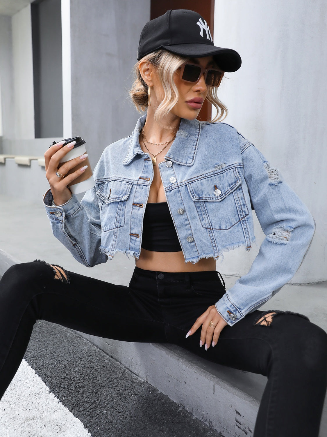 Distressed Raw Hem Cropped Denim Jacket - AllIn Computer