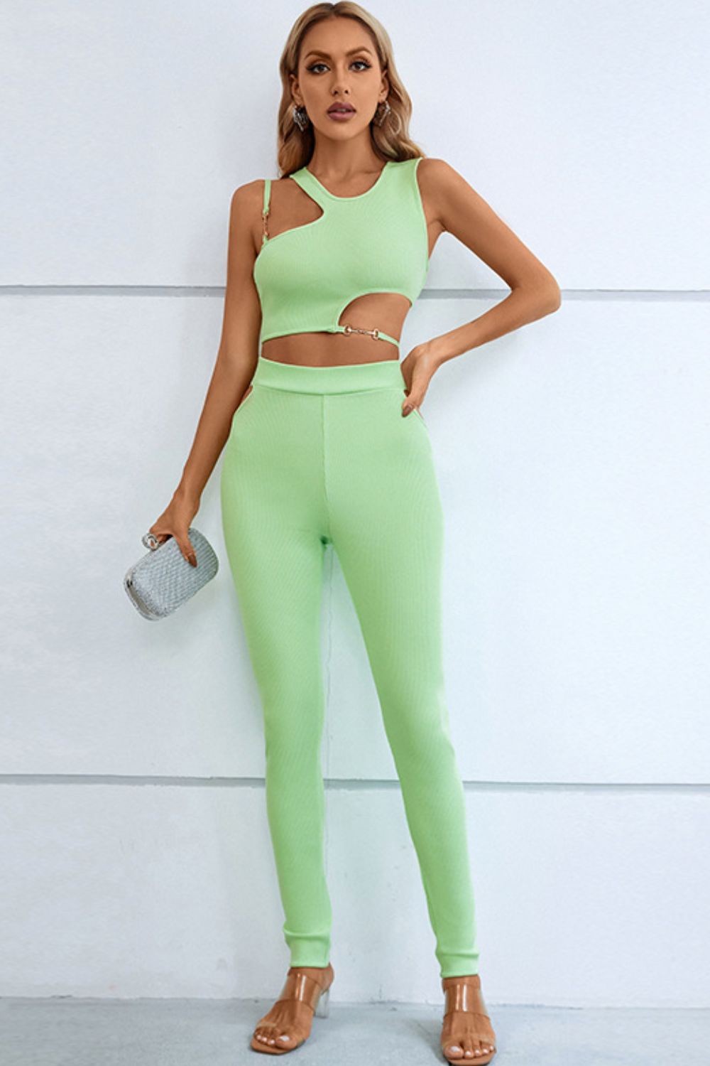 Asymmetrical Ribbed Cutout Tank and Pants Set - AllIn Computer