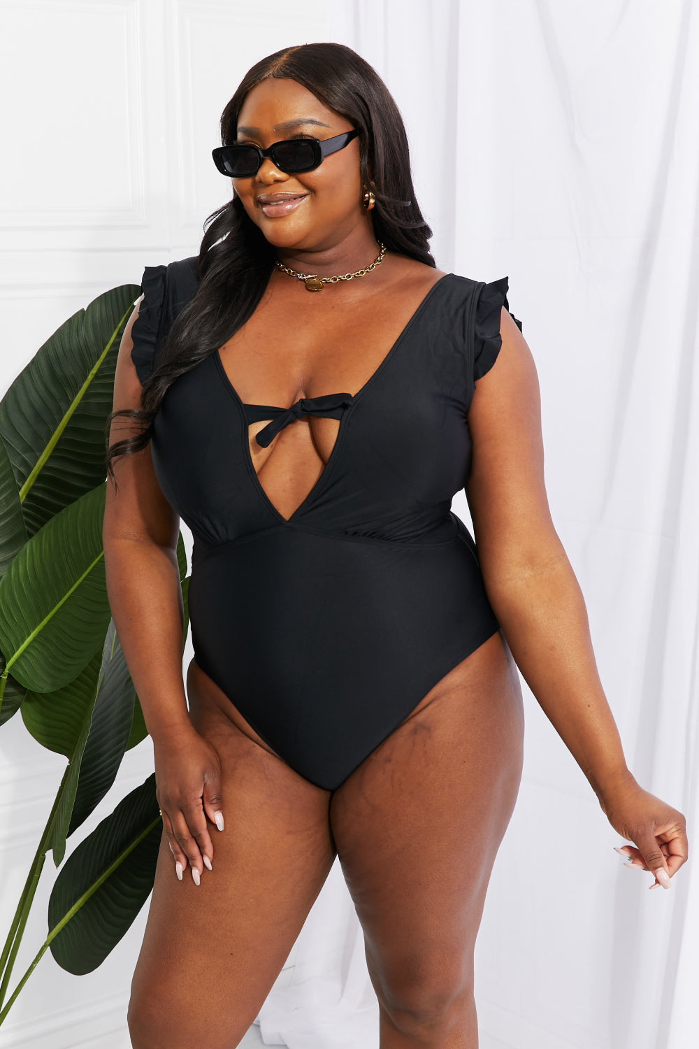 Marina West Swim Seashell Ruffle Sleeve One-Piece in Black - AllIn Computer