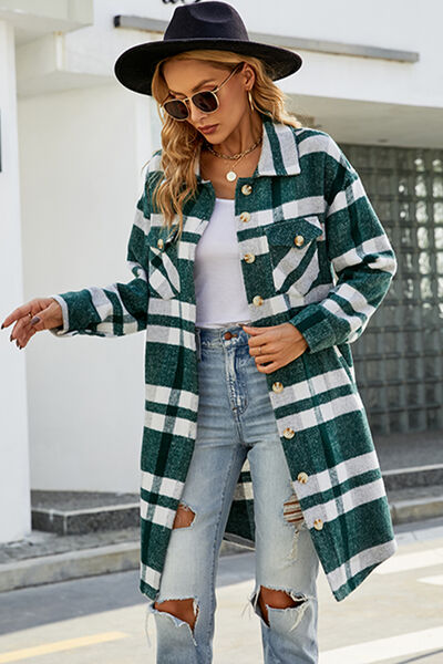 Plaid Button Up Collared Neck Coat with Pockets - AllIn Computer