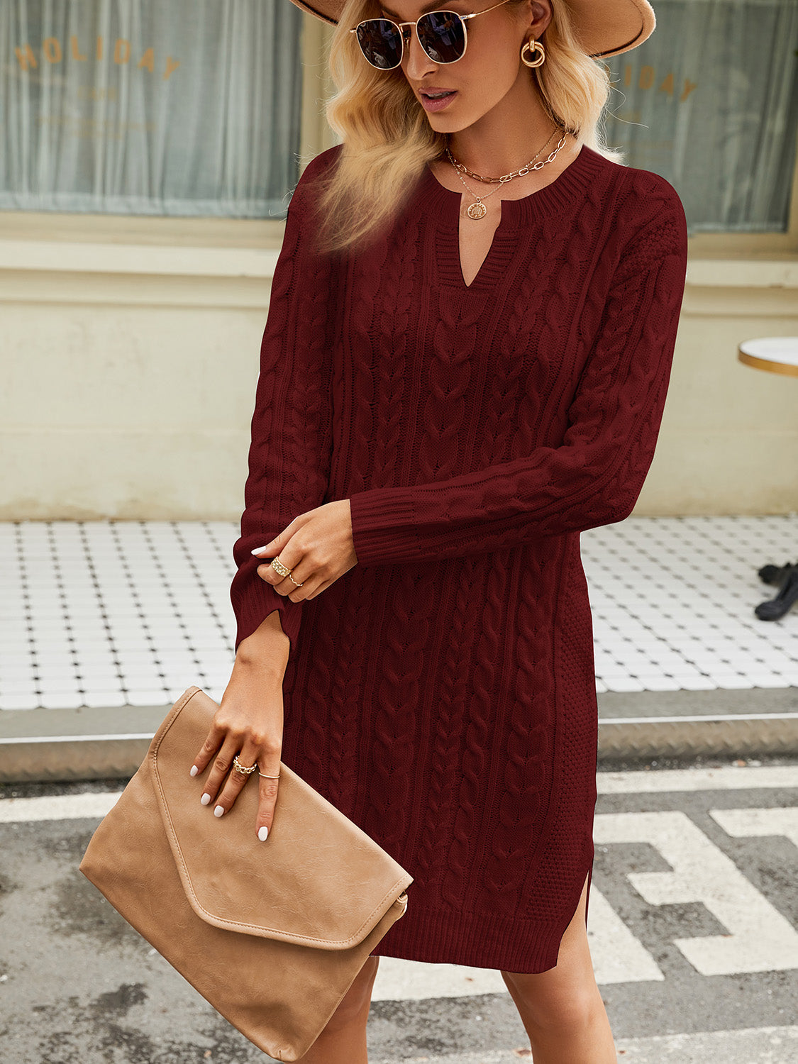 Notched Neck Cable-Knit Slit Sweater Dress - AllIn Computer