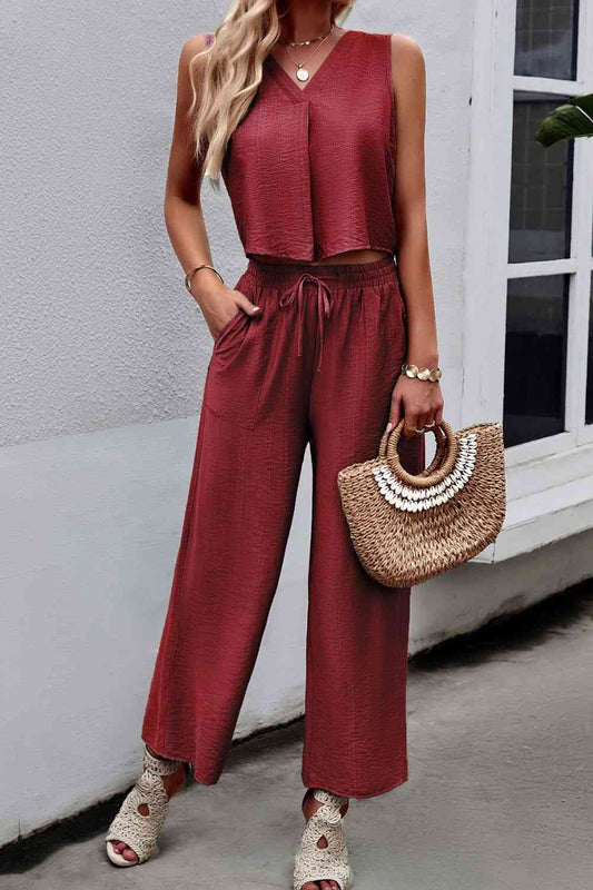 V-Neck Tank and Drawstring Pants Set - AllIn Computer