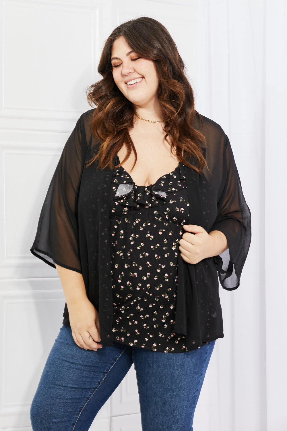Melody Just Breathe Full Size Chiffon Kimono in Black - AllIn Computer