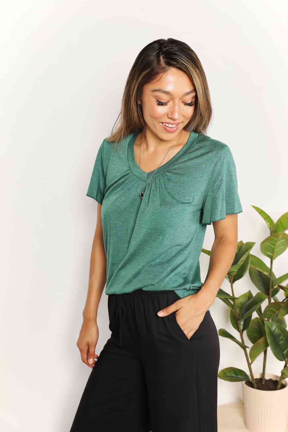 Double Take Ruched V-Neck Short Sleeve T-Shirt - AllIn Computer