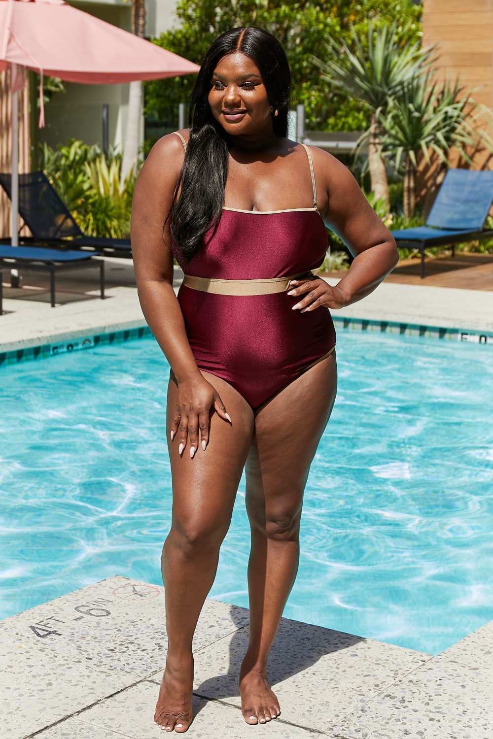 Marina West Swim Wave Break Contrast Trim One-Piece in Wine - AllIn Computer