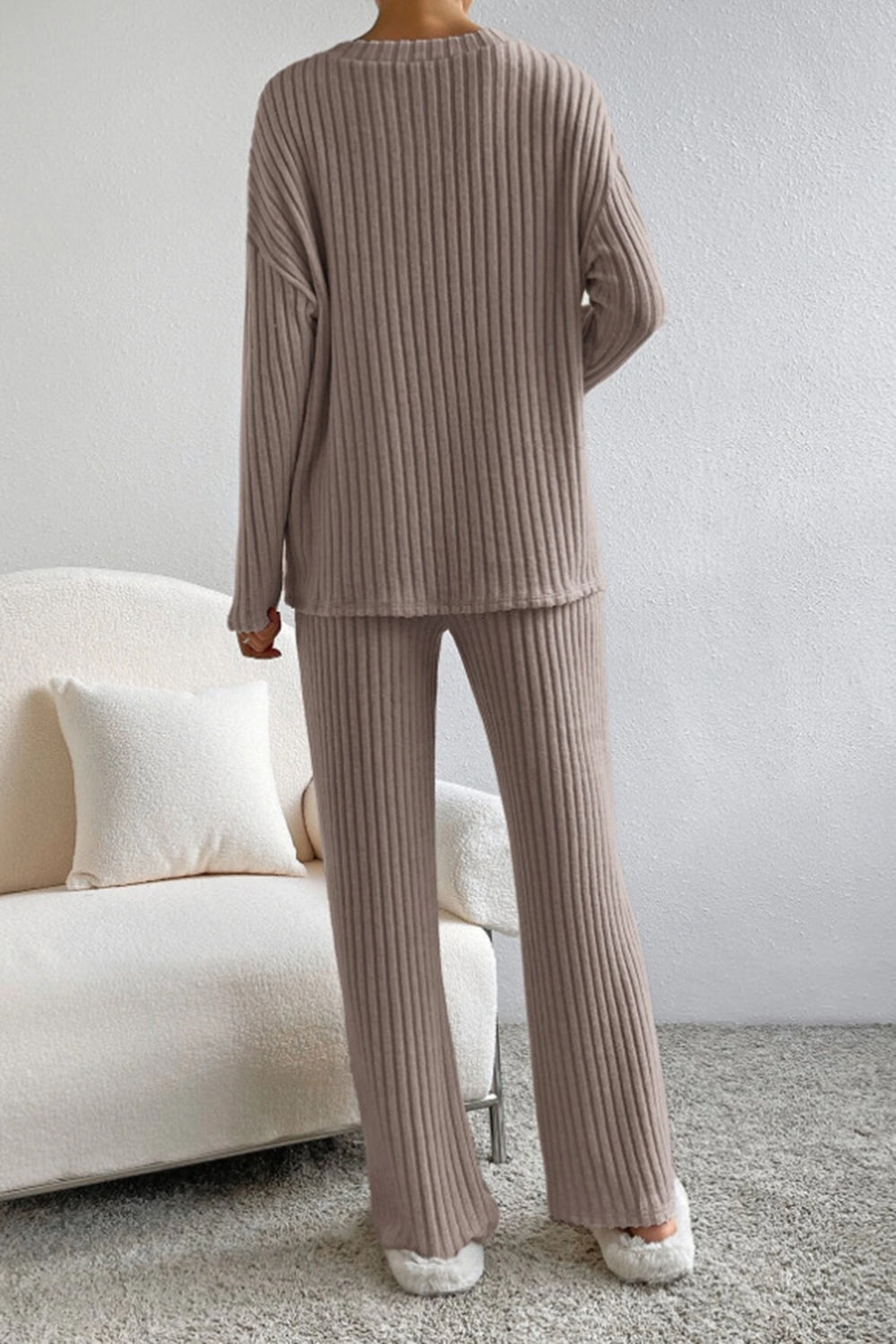Ribbed V-Neck Top and Pants Set - AllIn Computer