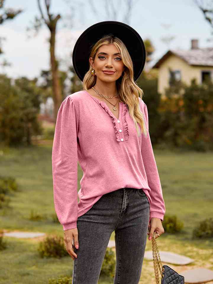 Puff Sleeve Ruffle Trim Blouse - AllIn Computer