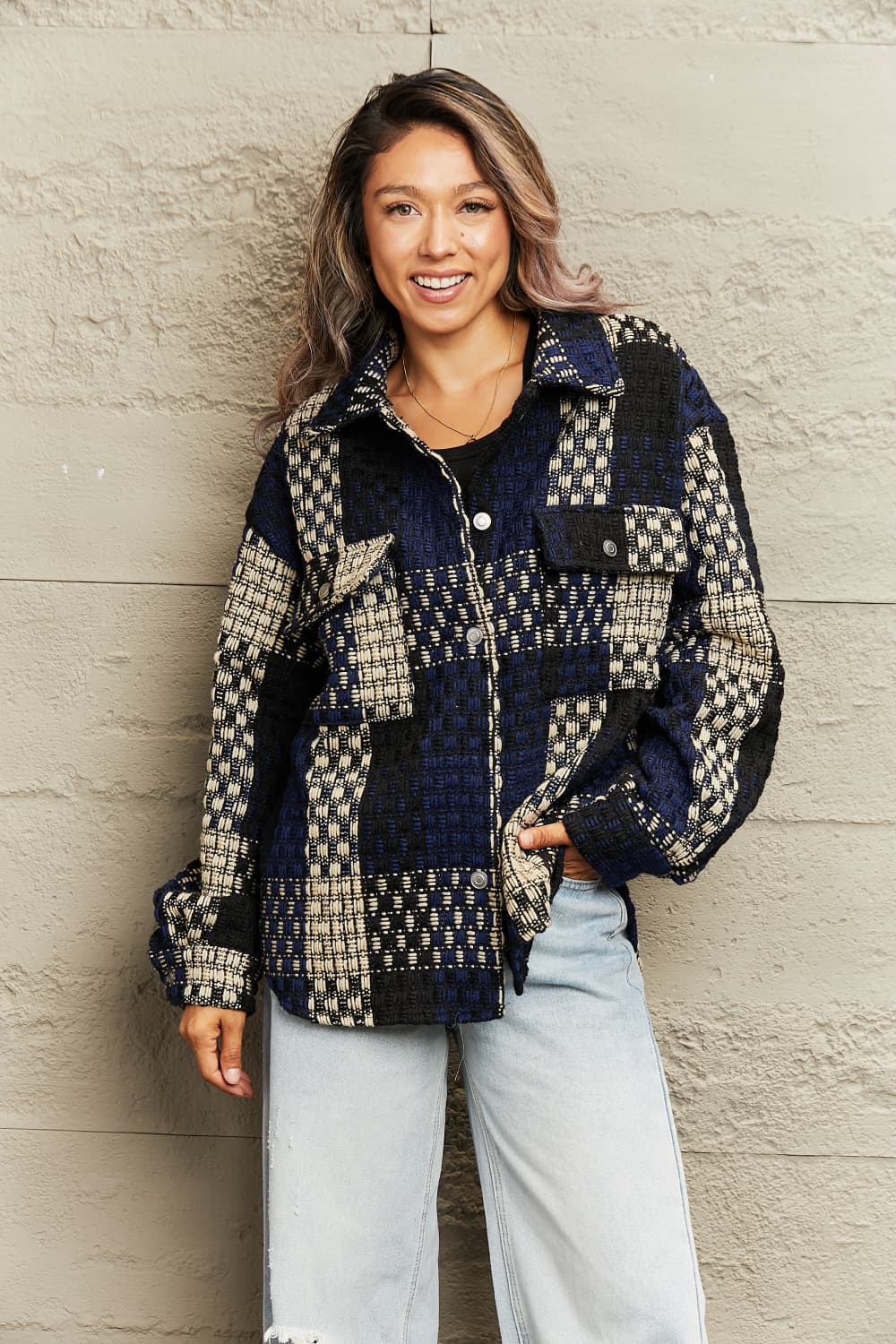 Plaid Collared Neck Drop Shoulder Jacket - AllIn Computer