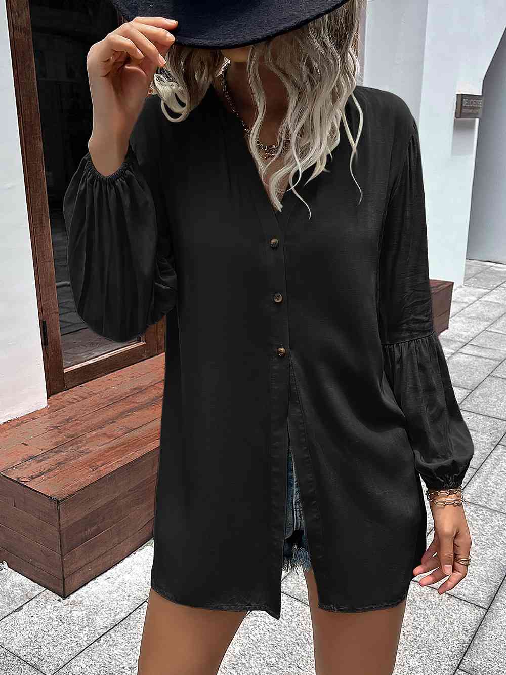 Double Take Notched Neck Balloon Sleeve Shirt - AllIn Computer