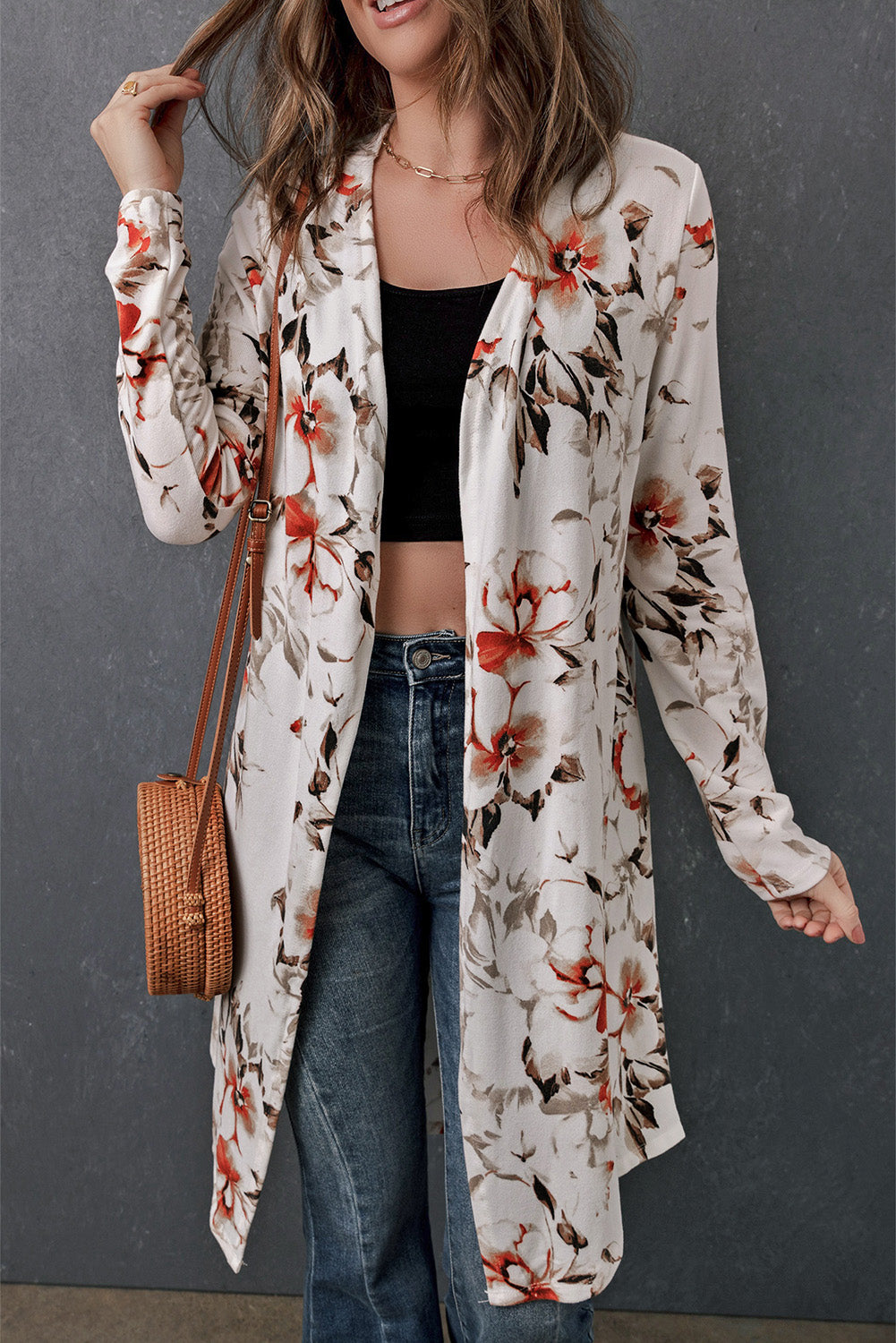 Double Take Printed Open Front Longline Cardigan | CLOTHING,SHOES & ACCESSORIES | cardigans, Double Take, outerwear, plus size, Ship From Overseas, women's outerwear | Trendsi