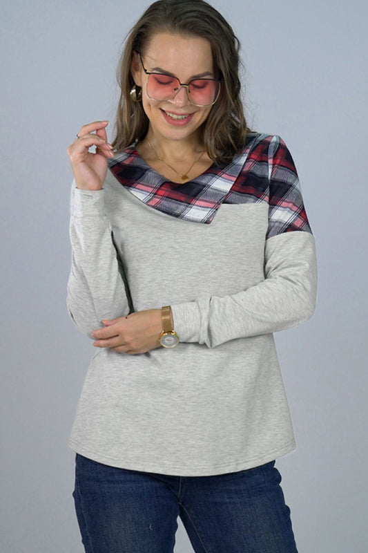 Asymmetrical Plaid Print Long Sleeve Tee - AllIn Computer