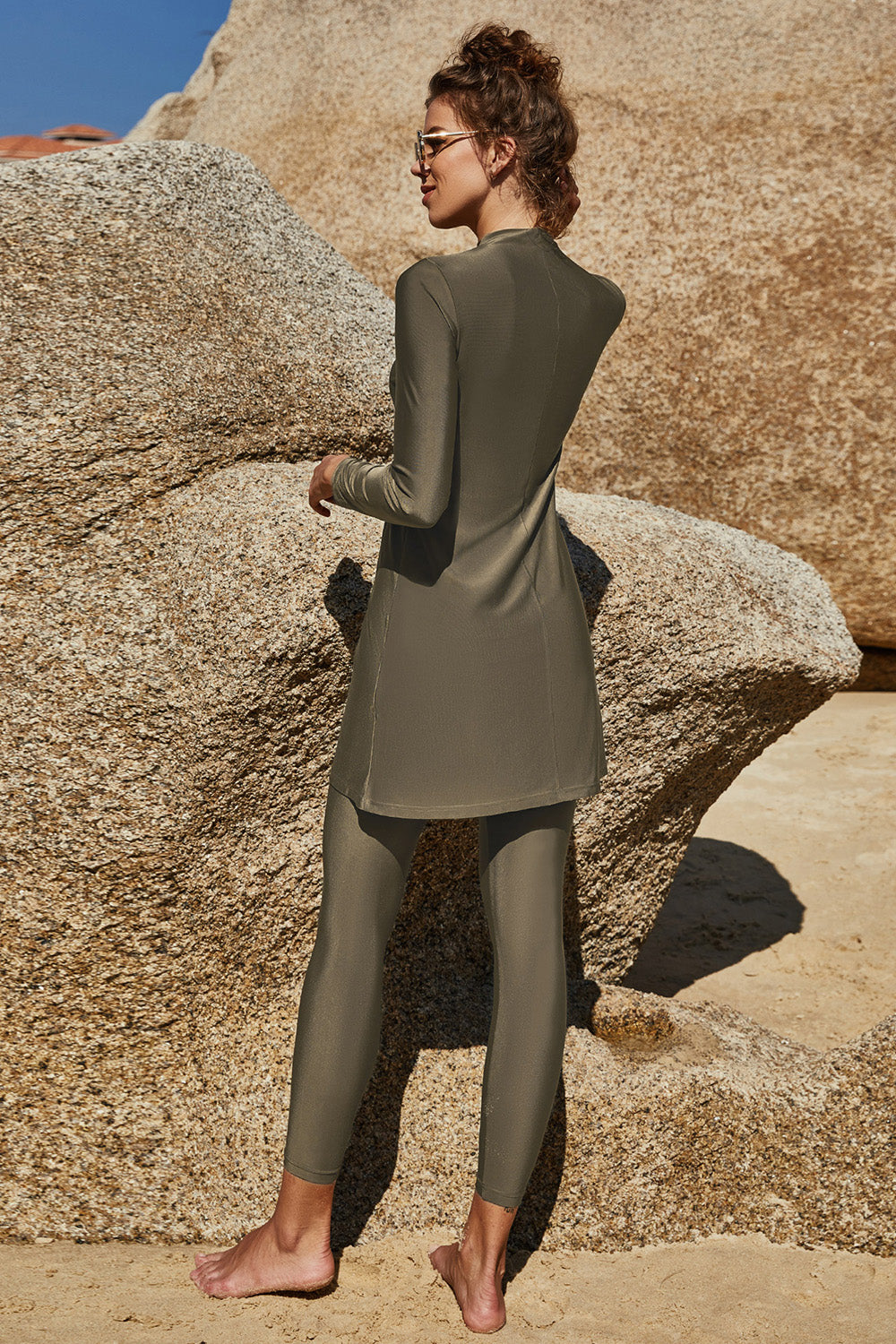 Slit Mock Neck Long Sleeve Top and Pants Swim Set - AllIn Computer