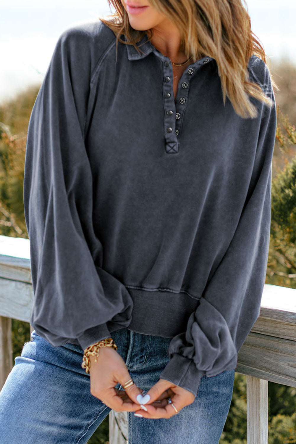 Quarter-Snap Collared Lantern Sleeve Sweatshirt - AllIn Computer