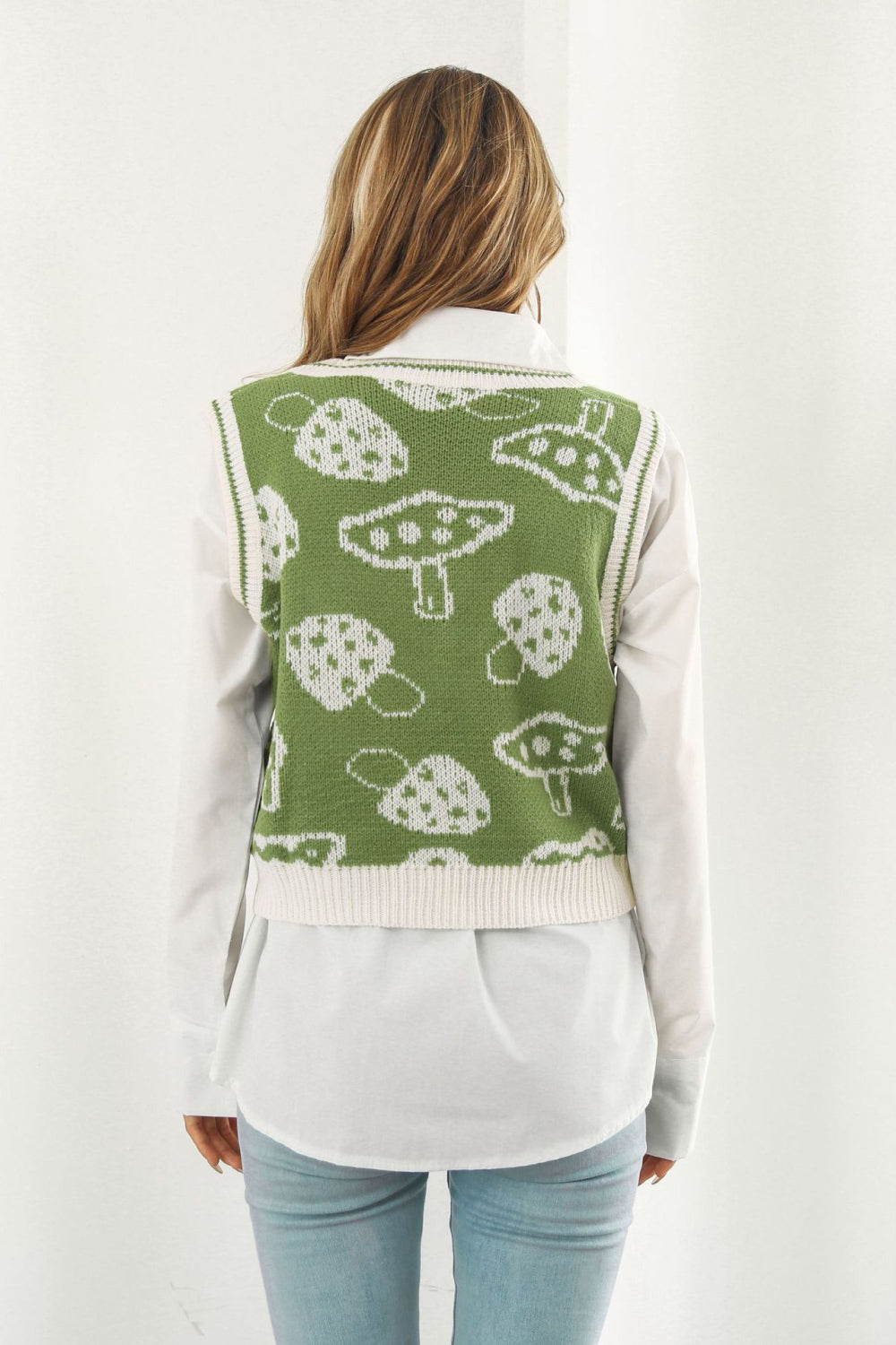 Printed Plunge Neck Sweater Vest - AllIn Computer