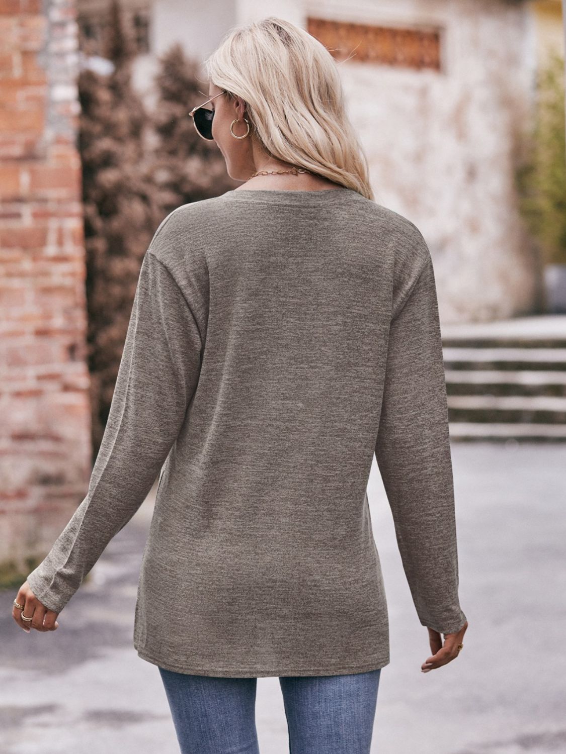 Double Take Buttoned Notched Neck Long Sleeve Top - AllIn Computer