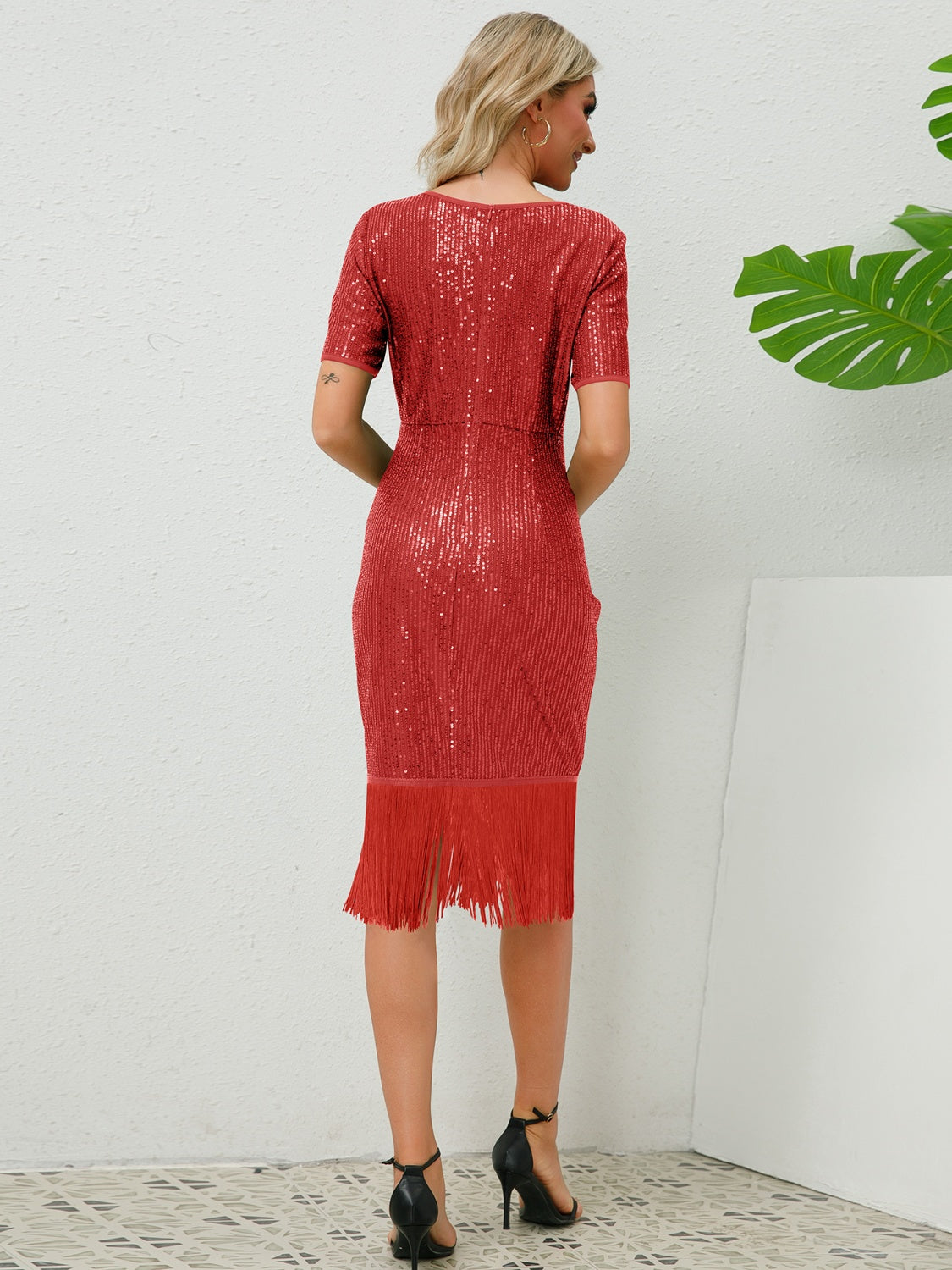 Tassel Sequin Short Sleeve Dress - AllIn Computer