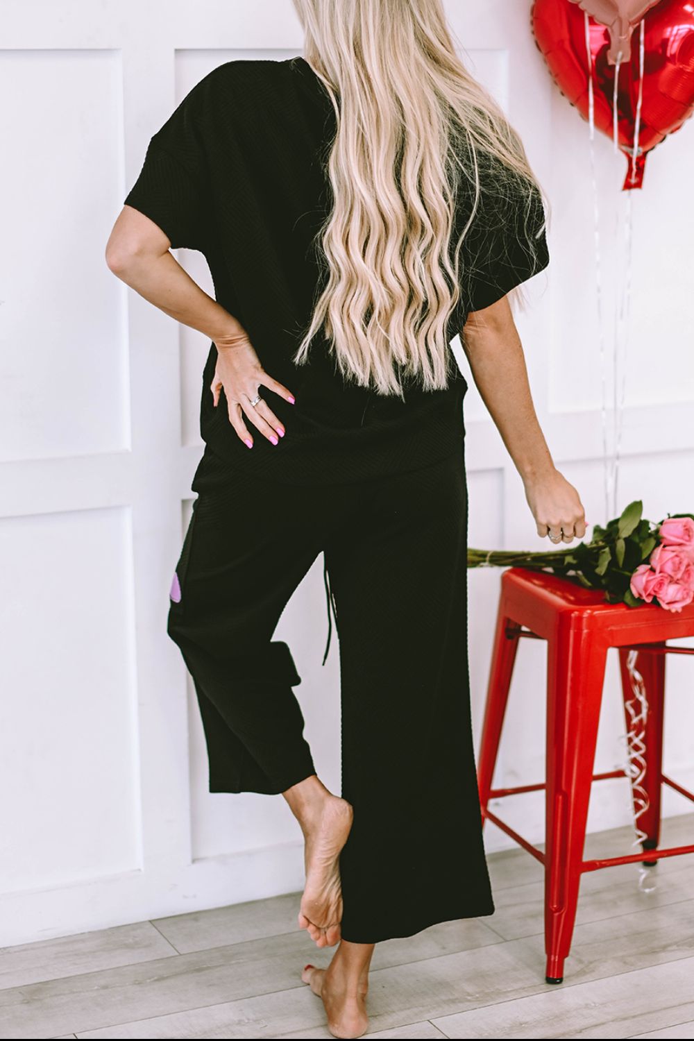 Heart Sequin Short Sleeve Top and Drawstring Pants Lounge Set - AllIn Computer