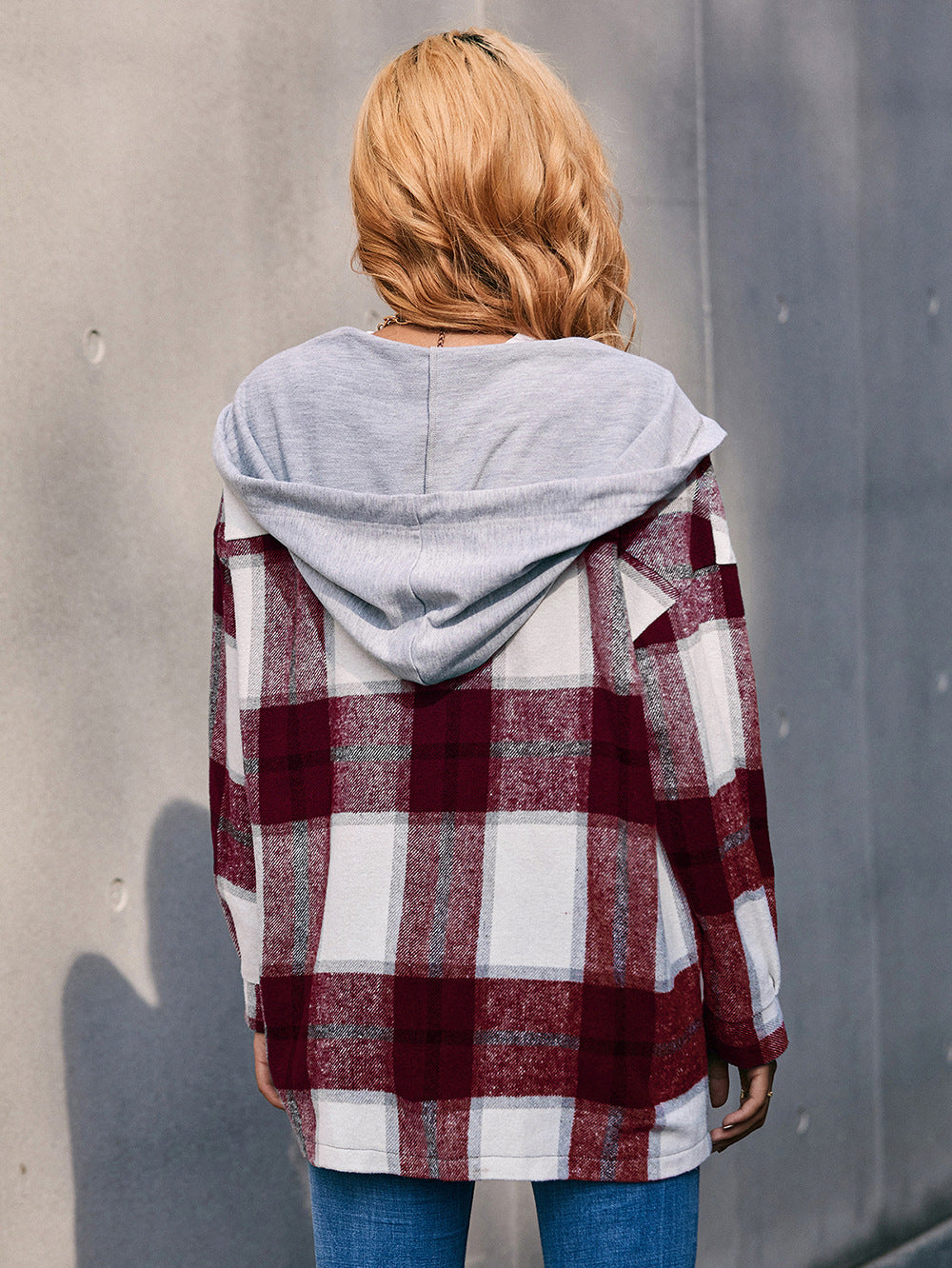 Plaid Dropped Shoulder Hooded Jacket - AllIn Computer