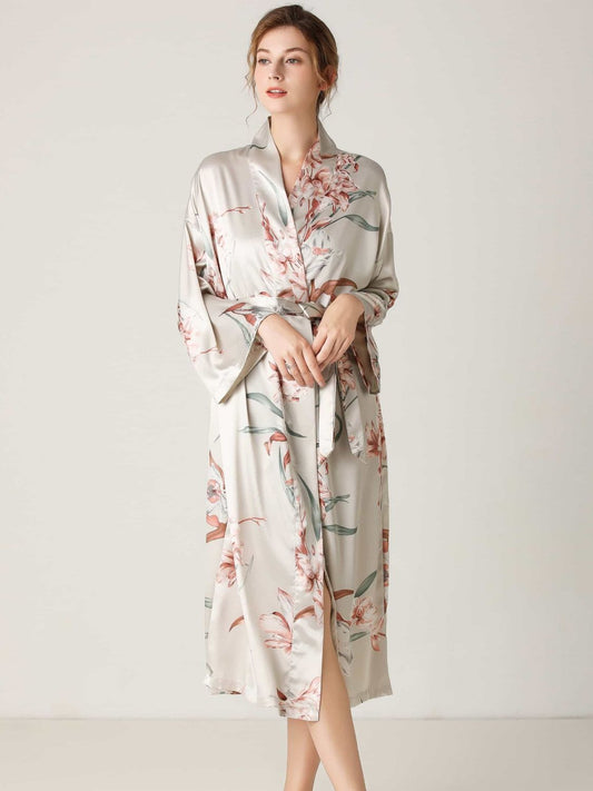 Floral Tie Waist Long Sleeve Robe - AllIn Computer