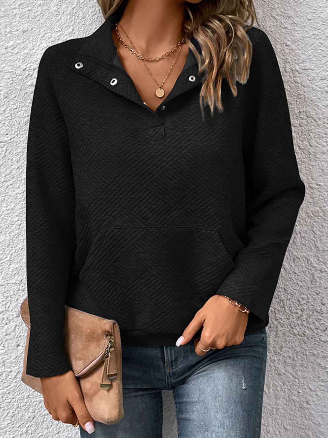 Raglan Sleeve Collared Neck Sweatshirt with Pocket - AllIn Computer