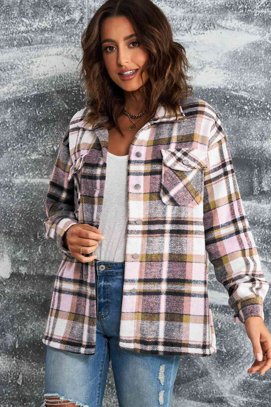 Double Take Plaid Button Front Shirt Jacket with Breast Pockets | CLOTHING,SHOES & ACCESSORIES | button front, Double Take, jacket, Ship From Overseas, shirt jacket | Trendsi