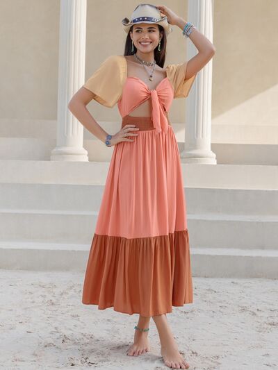 Color Block Tie Front Smocked Midi Dress - AllIn Computer