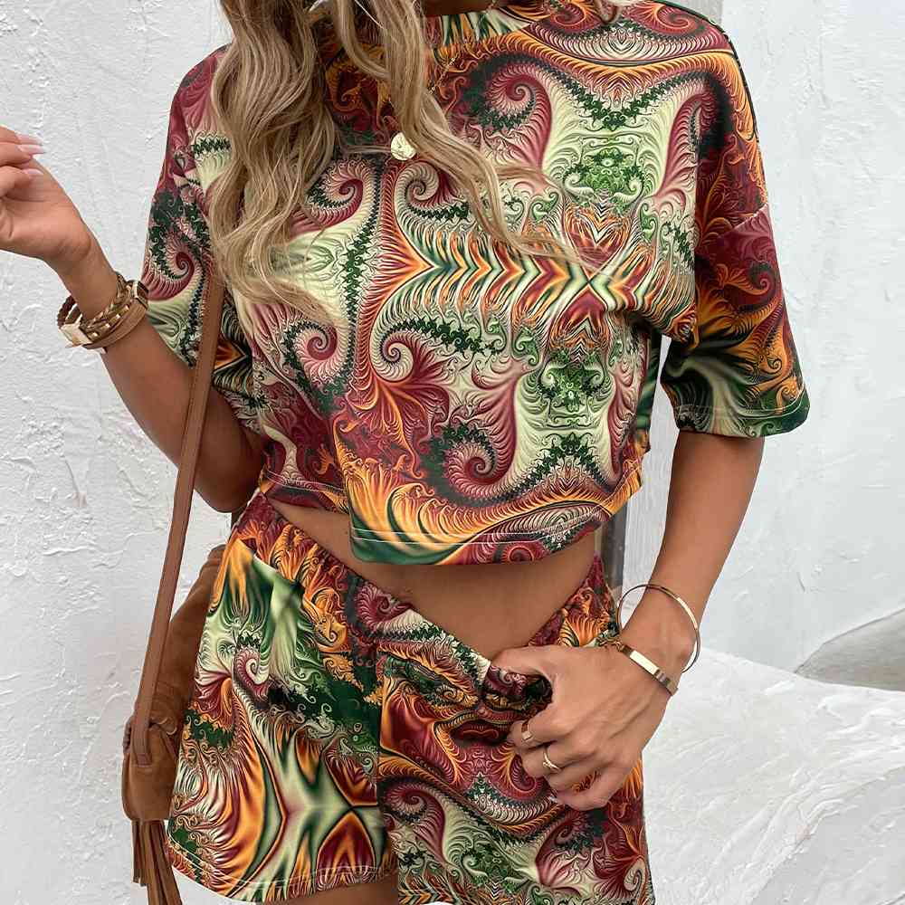 Printed Round Neck Dropped Shoulder Half Sleeve Top and Shorts Set - AllIn Computer