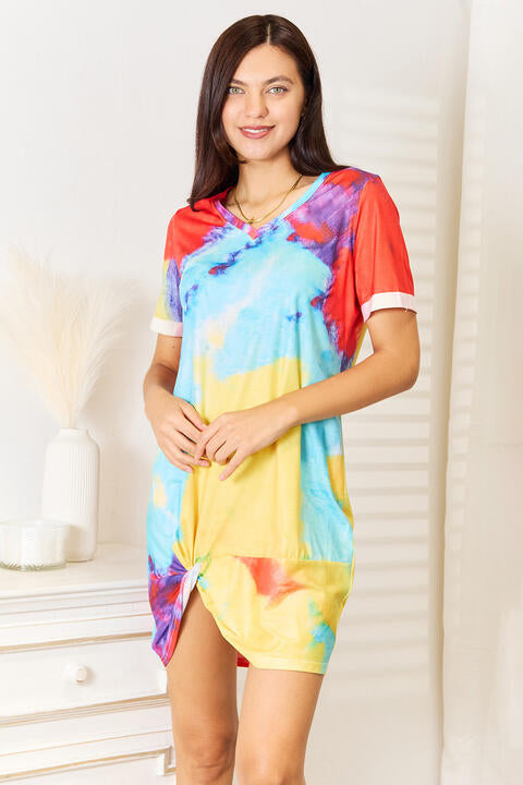 Double Take Tie-Dye V-Neck Twisted Dress - AllIn Computer