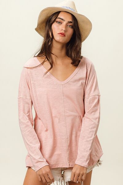 BiBi Exposed Seam V-Neck Long Sleeve T-Shirt - AllIn Computer