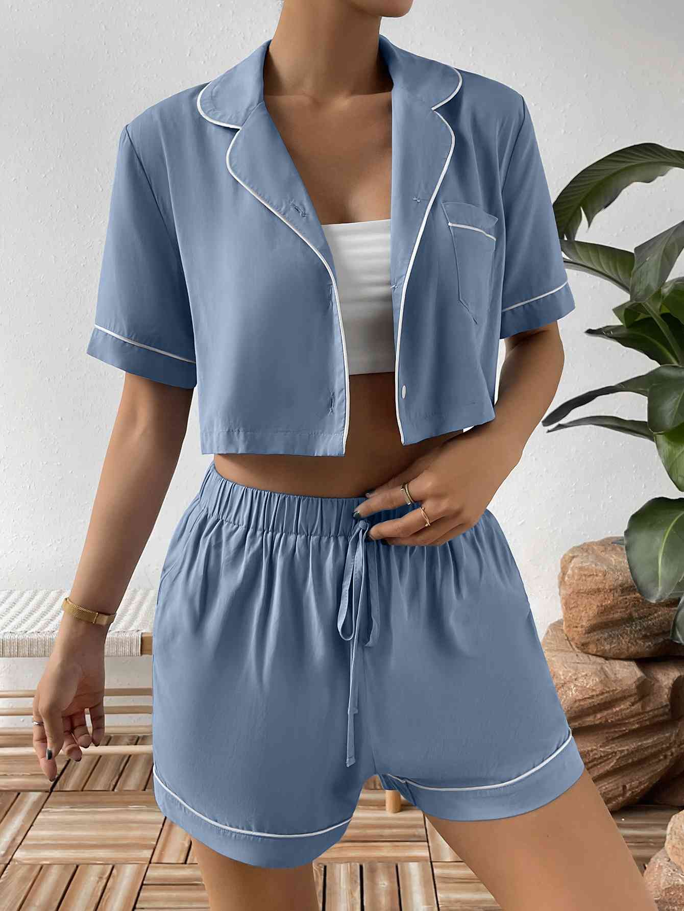 Contrast Lapel Collar Cropped Shirt and Shorts Lounge Set | CLOTHING,SHOES & ACCESSORIES | lounge wear, loungewear, outfit sets, Ship From Overseas, Y&BL | Trendsi