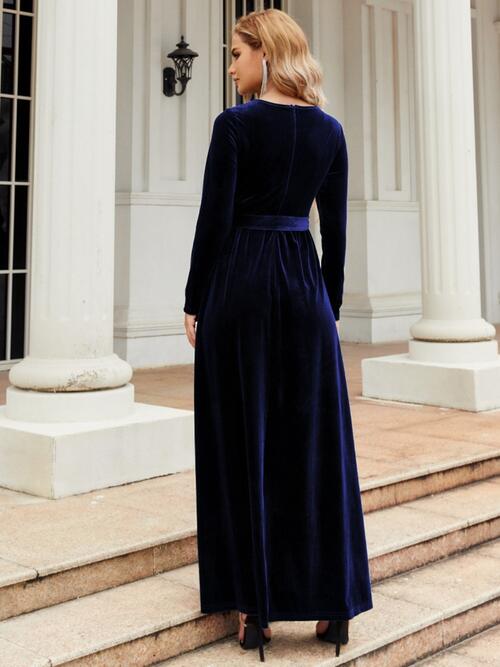 Tie Front Round Neck Long Sleeve Maxi Dress - AllIn Computer