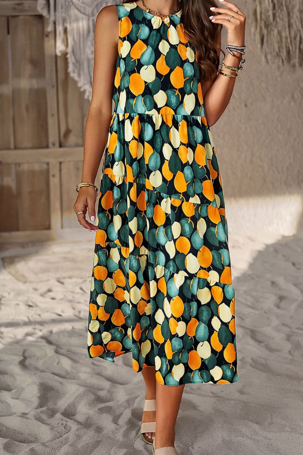 Printed Sleeveless Midi Dress with Pocket - AllIn Computer