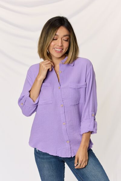 Zenana Texture Button Up Raw Hem Long Sleeve Shirt - AllIn Computer