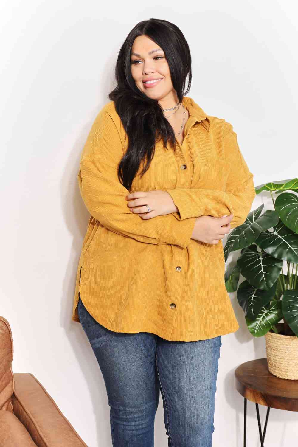 HEYSON Full Size Oversized Corduroy  Button-Down Tunic Shirt with Bust Pocket - AllIn Computer