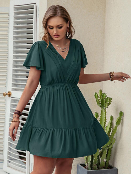 Double Take Plus Size Ruffle Hem V-Neck Short Sleeve Dress - AllIn Computer