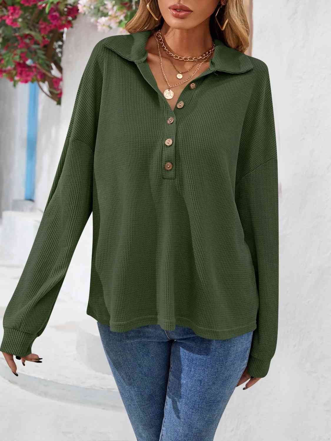 Half Button Collared Neck Long Sleeve Top - AllIn Computer