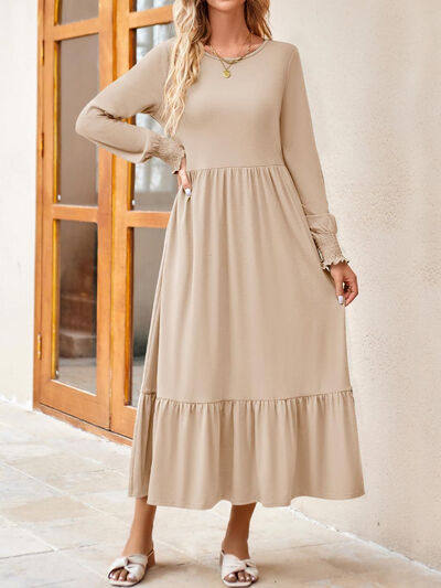 Round Neck Lantern Sleeve Ruffle Hem Dress - AllIn Computer