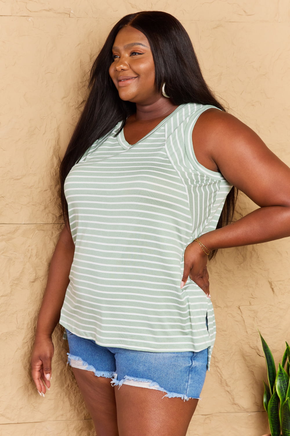 Doublju Full Size Striped Sleeveless V-Neck Top - AllIn Computer