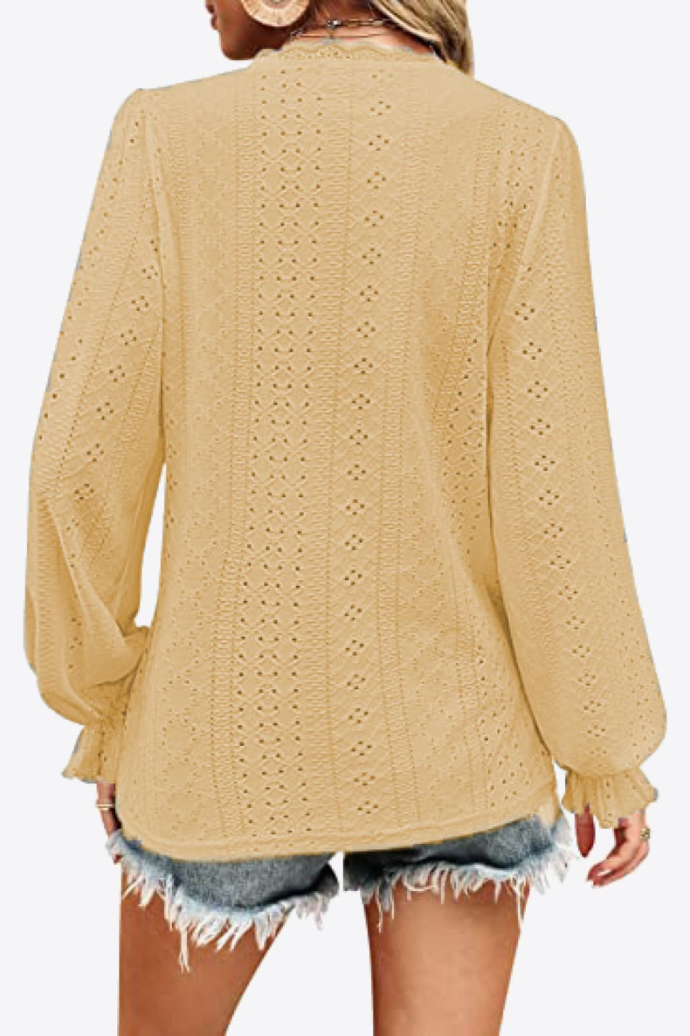 Eyelet V-Neck Flounce Sleeve Blouse - AllIn Computer