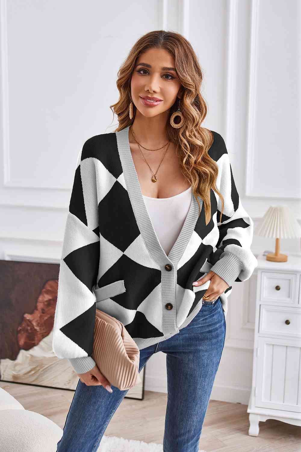 Geometric Lantern Sleeve Cardigan with Pockets - AllIn Computer