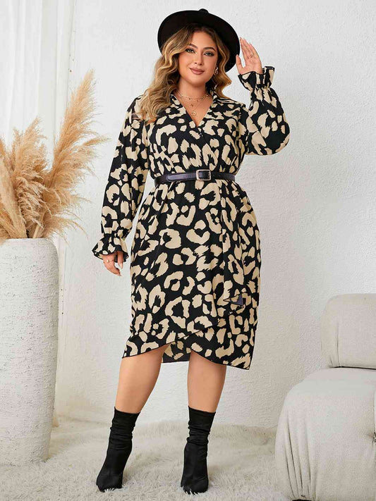 Plus Size Leopard Surplice Neck Flounce Sleeve Dress - AllIn Computer