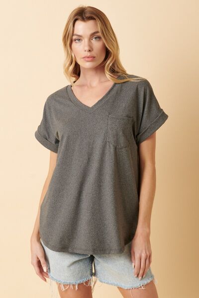 Mittoshop Full Size V-Neck Rolled Short Sleeve T-Shirt - AllIn Computer