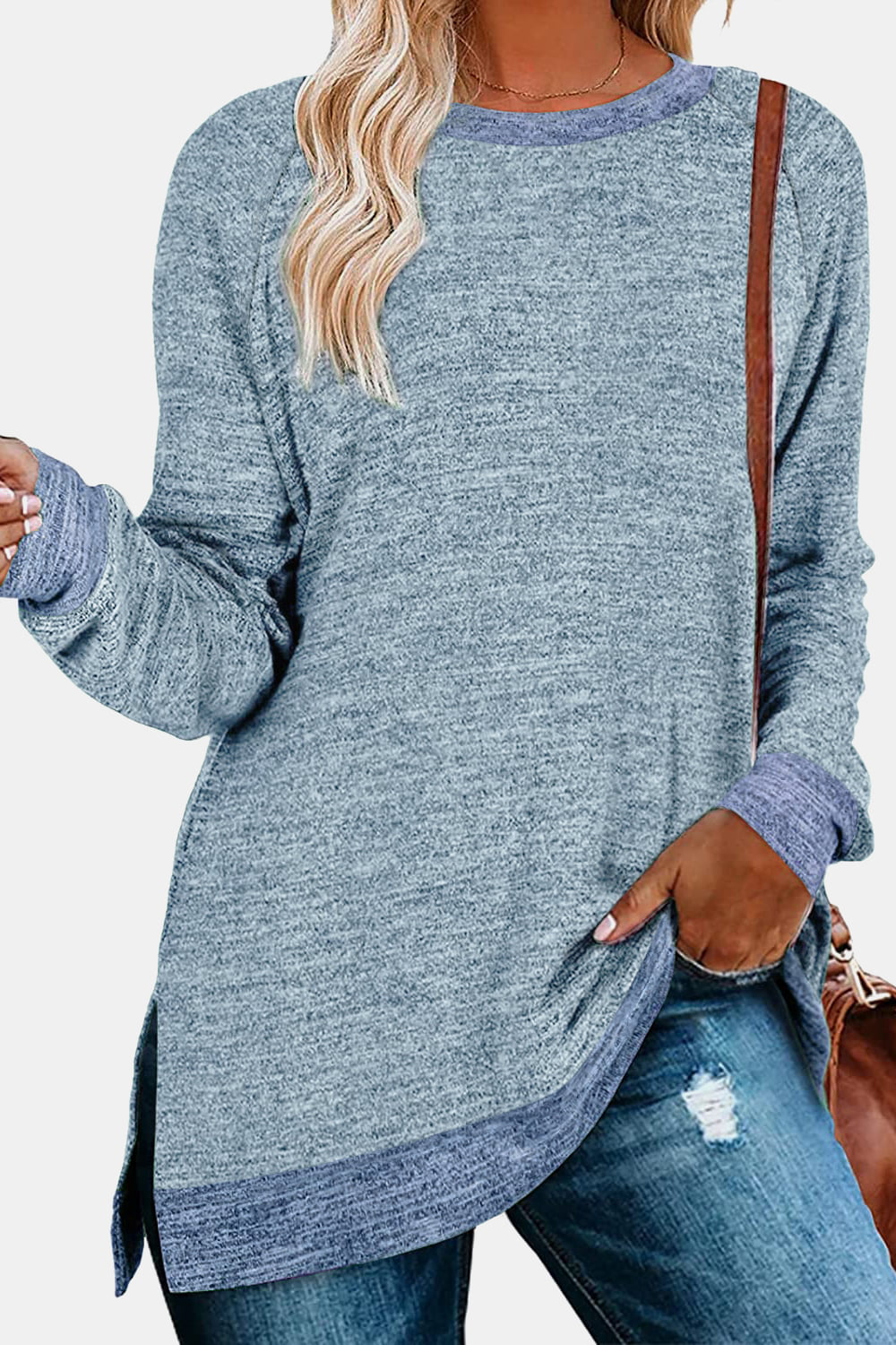 Round Neck Long Sleeve Slit T-Shirt - AllIn Computer