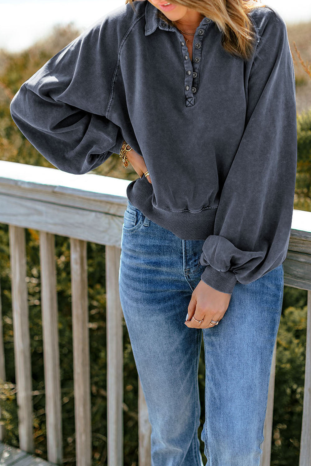 Quarter-Snap Collared Lantern Sleeve Sweatshirt - AllIn Computer