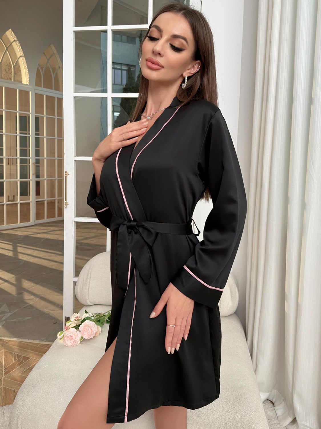 Tie Waist Surplice Neck Robe - AllIn Computer