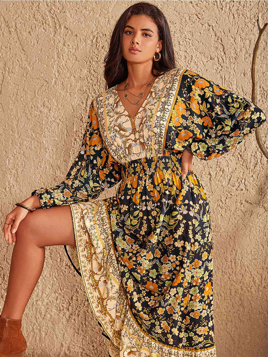 V-Neck Smocked Balloon Sleeve Dress - AllIn Computer