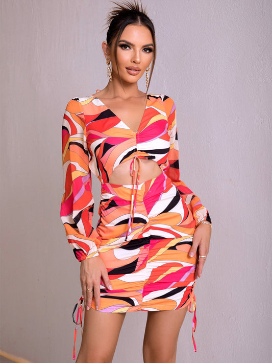 Printed Open Back Cutout Drawstring Mini Dress - AllIn Computer