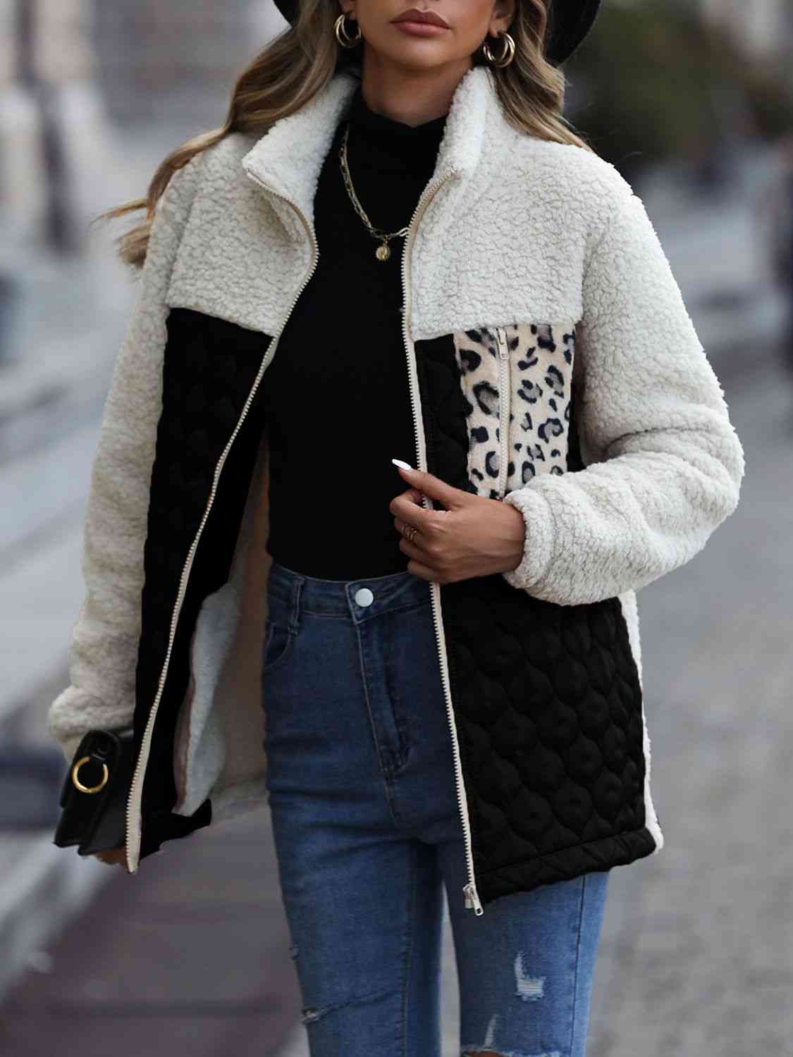 Leopard Color Block Zip-Up Jacket - AllIn Computer