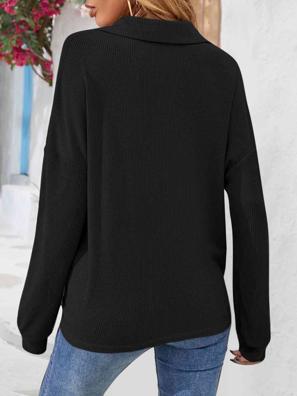 Half Button Collared Neck Long Sleeve Top - AllIn Computer