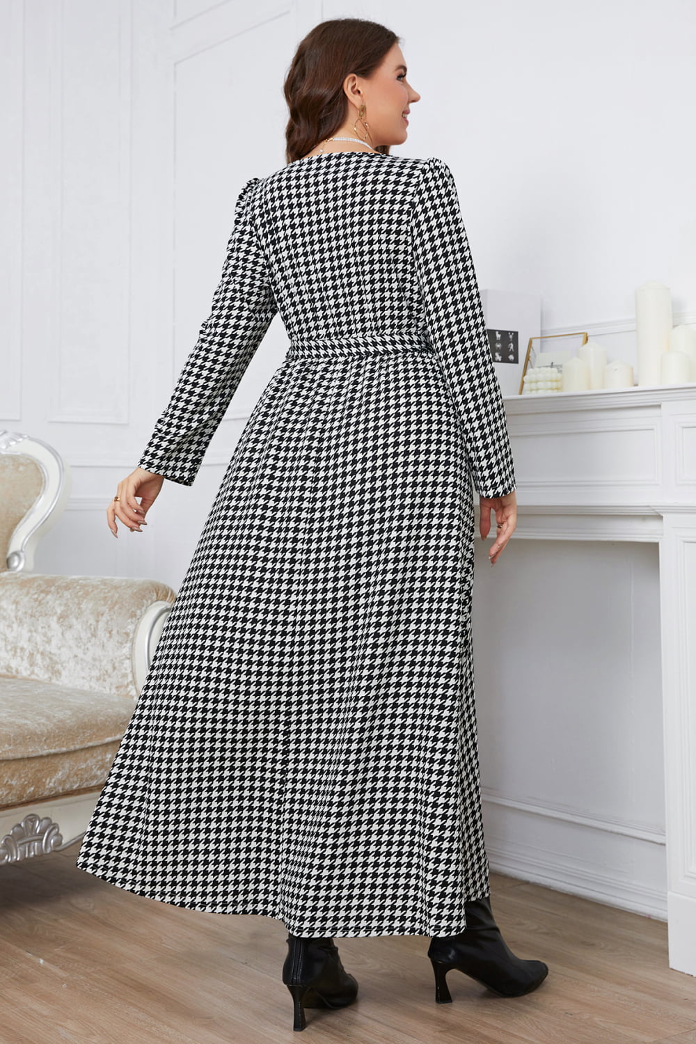 Melo Apparel Plus Size Notched Neck Houndstooth Tie Belt Maxi Dress - AllIn Computer